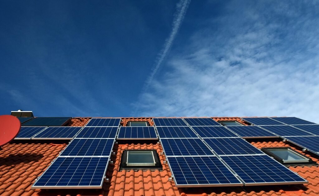 solar system, roof, power generation, solar power, solar cells, nature, energy, electricity, house, solar energy, solar panel, energy transition, blue, renewable, housetop, technology, environmentally friendly, electricity generation, heaven, clouds, sun, roof tiles, roof panels